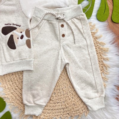 Conj. Jaqueta com Pelinho Hello Friend e Calça em Linho - Areia e Off White